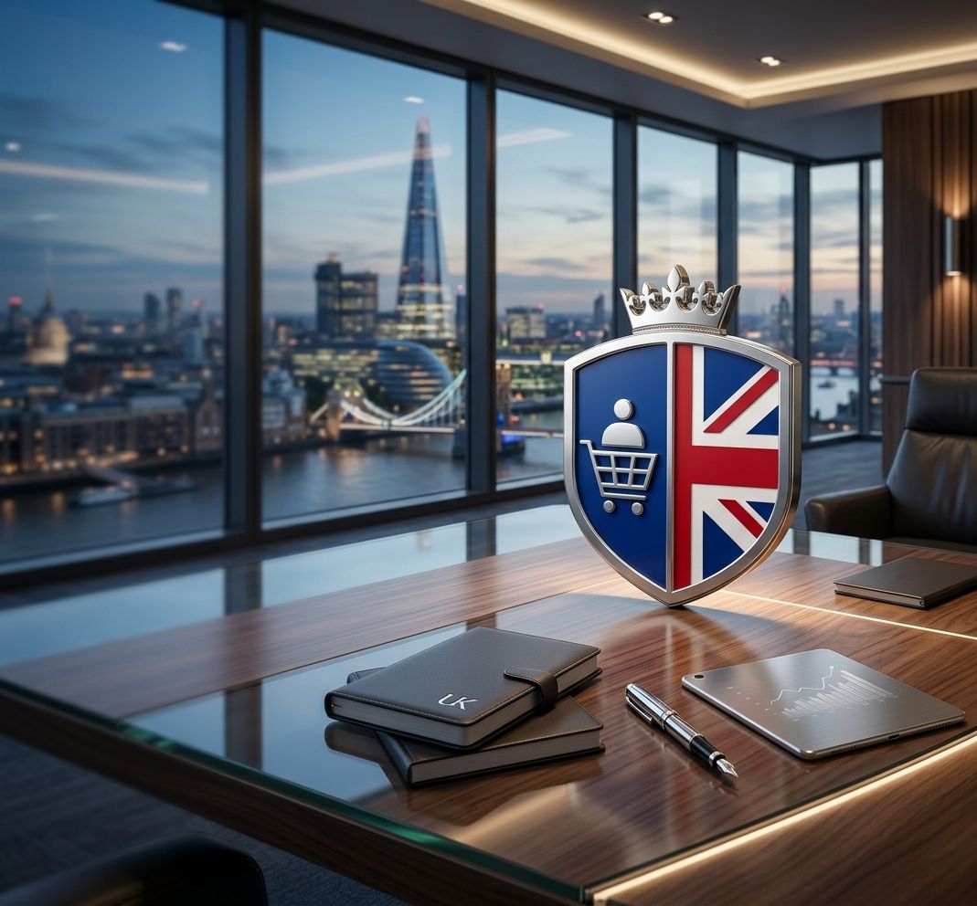 The CPUK shield on a table in a modern office, with a view over London