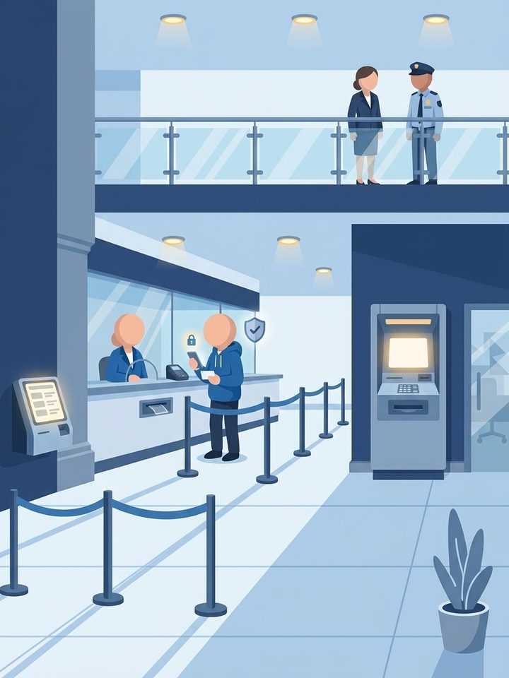 A faceless customer with a phone and bank card at a bank teller counter with a glass screen, a cash machine and a queue barrier, with a protection shield and padlock icon
