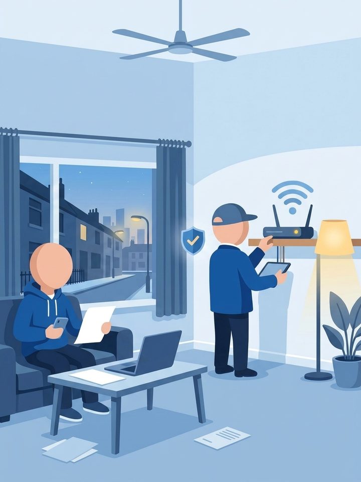 A faceless customer on a sofa reading a contract with a phone and laptop while a faceless engineer in a cap adjusts a Wi-Fi router, with a protection shield icon