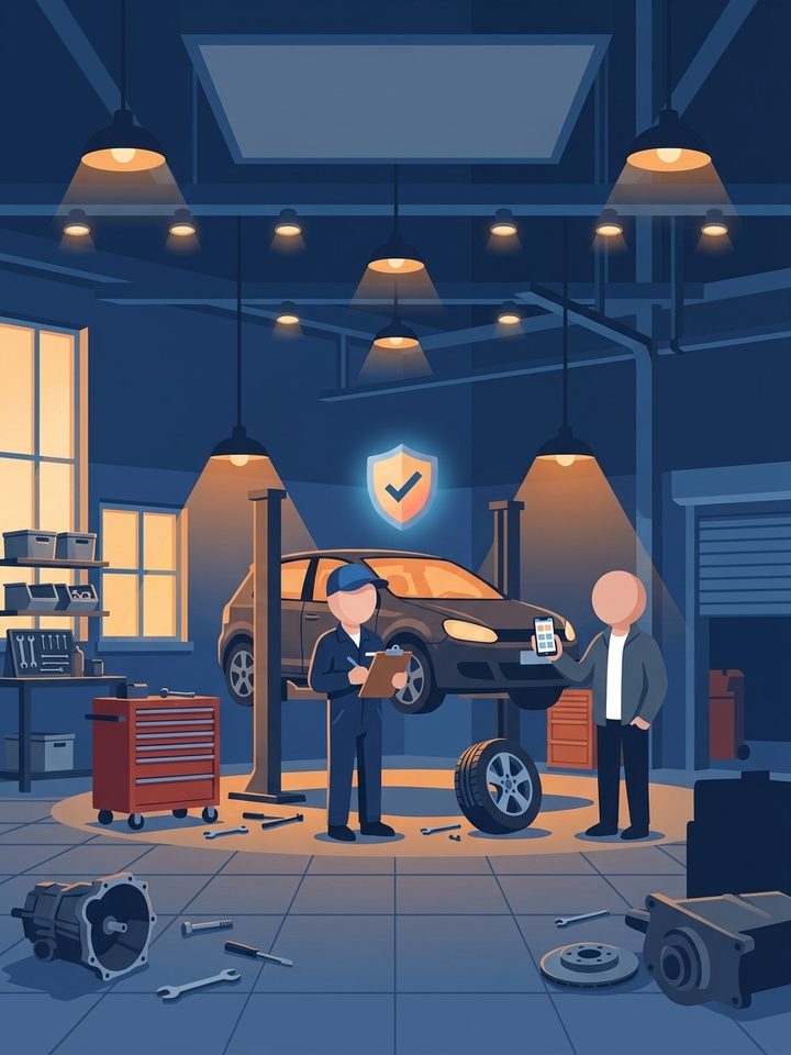 A mechanic with a clipboard and a customer with a phone beside a car on a ramp in a garage, with a shield with a tick