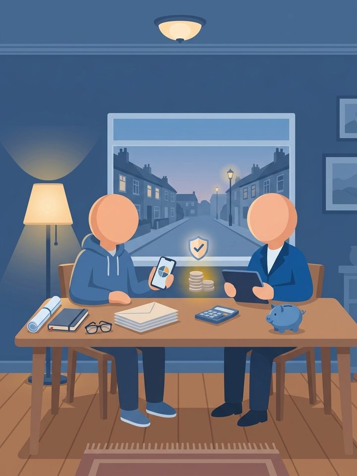 Two people at a kitchen table at night going through letters, a calculator and a phone, with a piggy bank and a shield with a tick