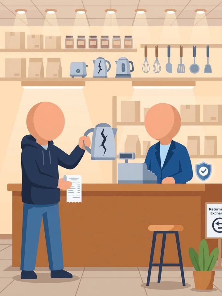 A person holding a cracked kettle and a receipt at a shop counter, with a shop assistant and a shield with a tick
