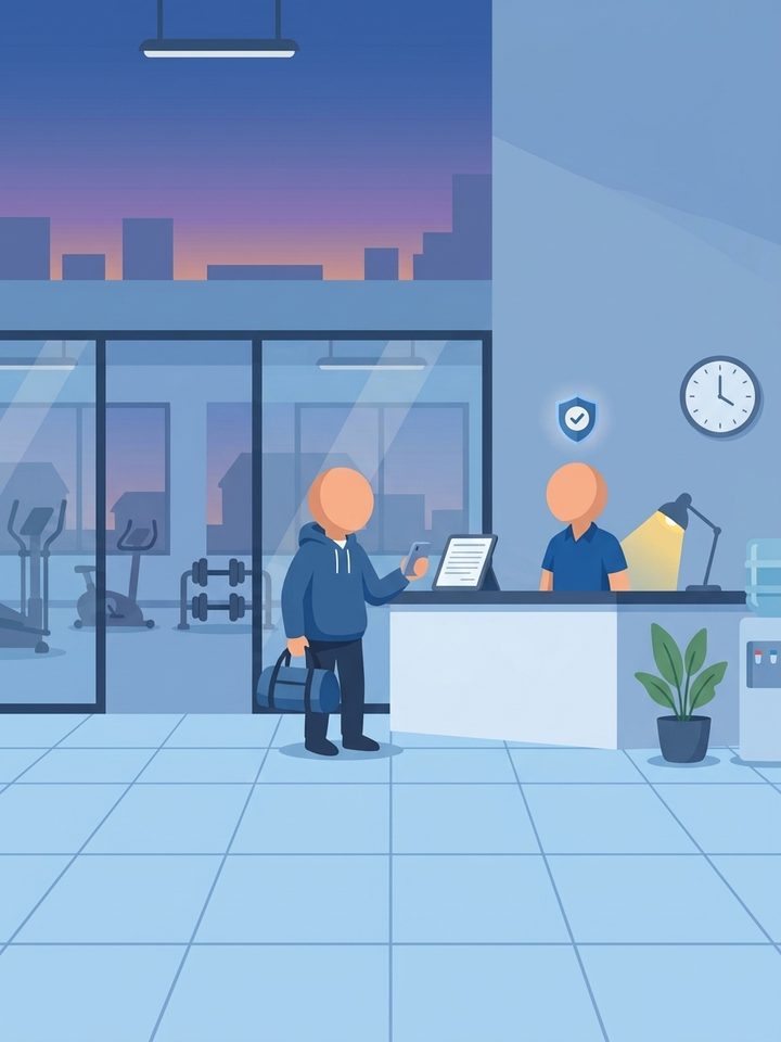 A faceless member with a gym bag and phone at a leisure centre reception desk with a faceless staff member, with exercise machines behind glass and a protection shield icon