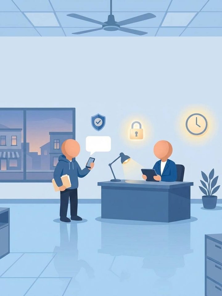 A faceless patient at a clinic reception desk talking to a faceless receptionist, with a waiting area, a plant and a protection shield icon