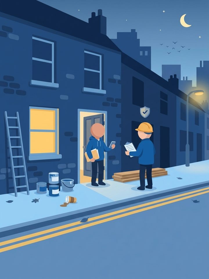 A faceless homeowner at their front door talking to a faceless tradesperson in a hard hat holding a clipboard, with a ladder, paint tins and a protection shield icon