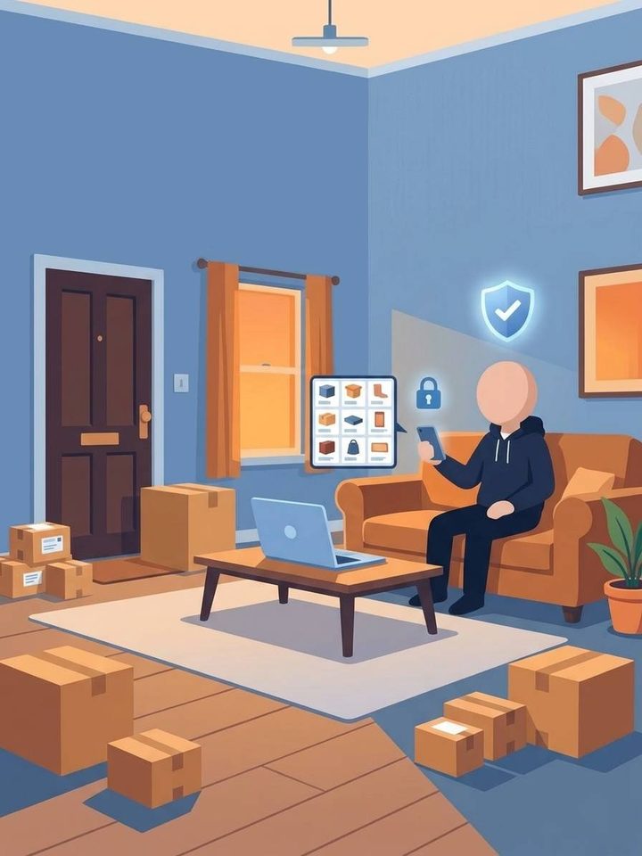 A person on a sofa browsing a grid of products on a phone, with a laptop, parcels by the front door, a padlock and a shield with a tick