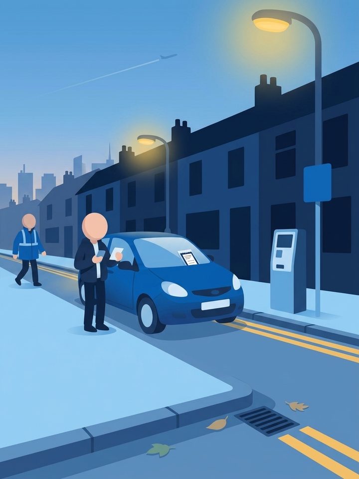 A faceless person checking a parking ticket beside a parked car on a quiet British street, with a traffic warden walking away