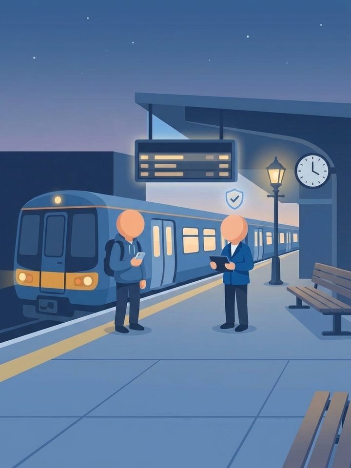 A faceless commuter and a faceless station staff member on a railway platform beside a blue train, with a departures board, a clock and a protection shield icon
